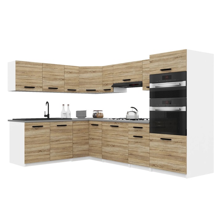 Set mobilier bucatarie Belini, 14 usi, 1 sertar, blat inclus, stejar sonoma