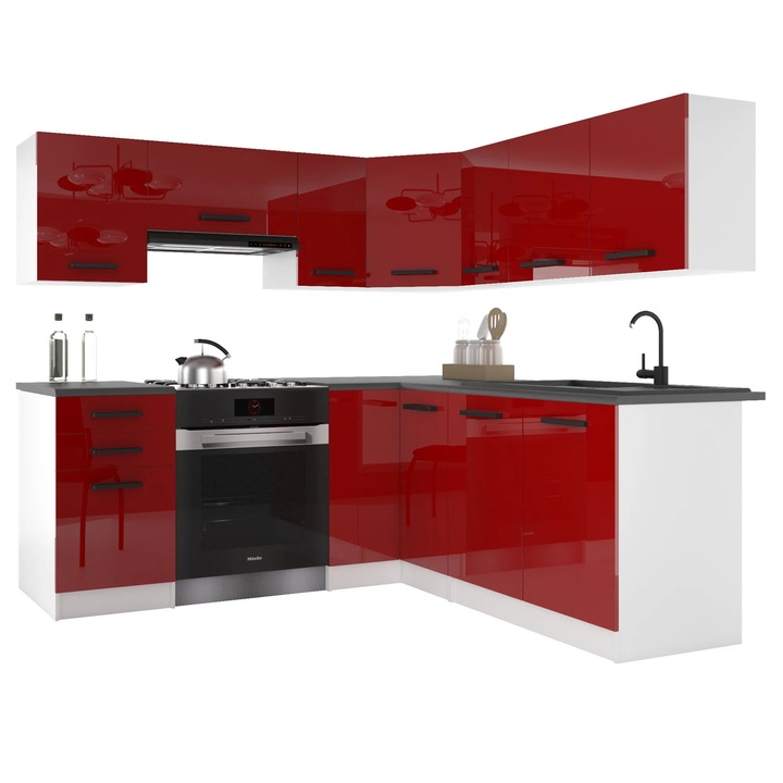 Set mobilier bucatarie Belini Italia, 11 usi, 1 sertar, blat inclus, rosu, 360x30cm (superioare), 300x45cm (inferioare)