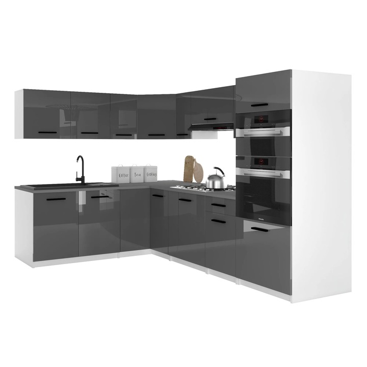 Set mobilier bucatarie Belini Italia 8, blat inclus, gri, 420x30cm (superioare), 360x45cm (inferioare)