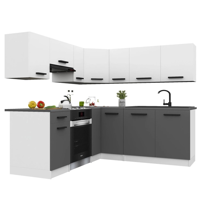 Set mobila bucatarie Belini Italia, 11 usi, 1 sertar, alb/gri, 360x300cm
