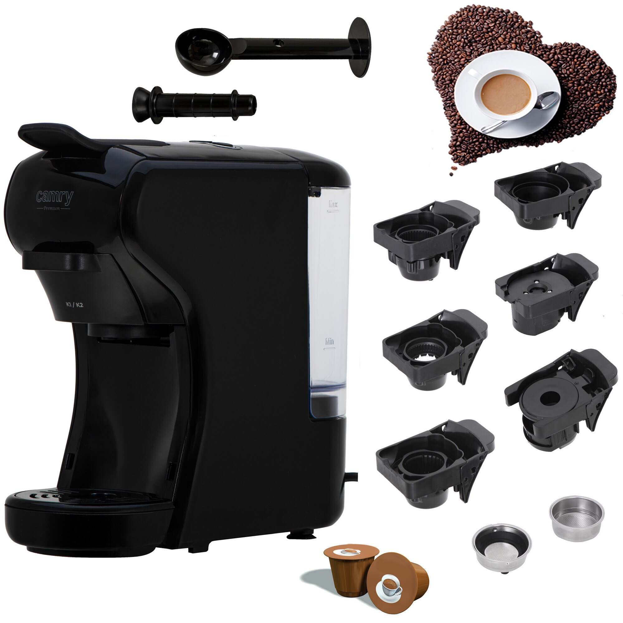 Espressor Camry CR 4414 Black, 1450 W, 19 bari, rezervor apa 0.6 L, multi-capsule, 9 adaptoare, negru