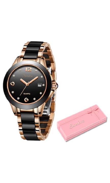 Ceas cu quartz, de dama, ecran negru si roz, carcasa metalica neagra si roz, bratara metalica neagra si roz, rezistent la apa (3 barri)