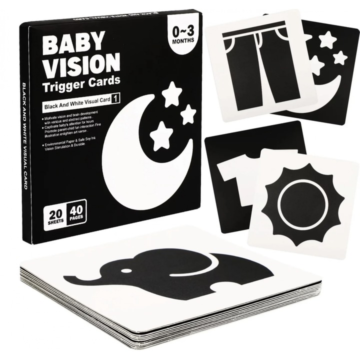 Комплект от 20 черно-бели STEM карти за визуална стимулация за бебета 0-3 месеца