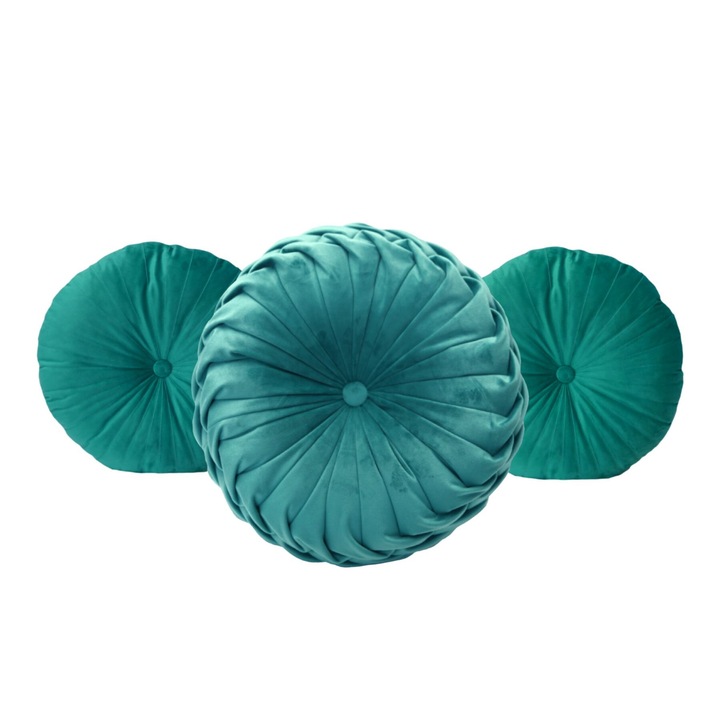 Комплект от 3 декоративни възглавници Puffet от тюркоазено кадифе - една ръчно ушита и две кръгли възглавници с декоративни детайли