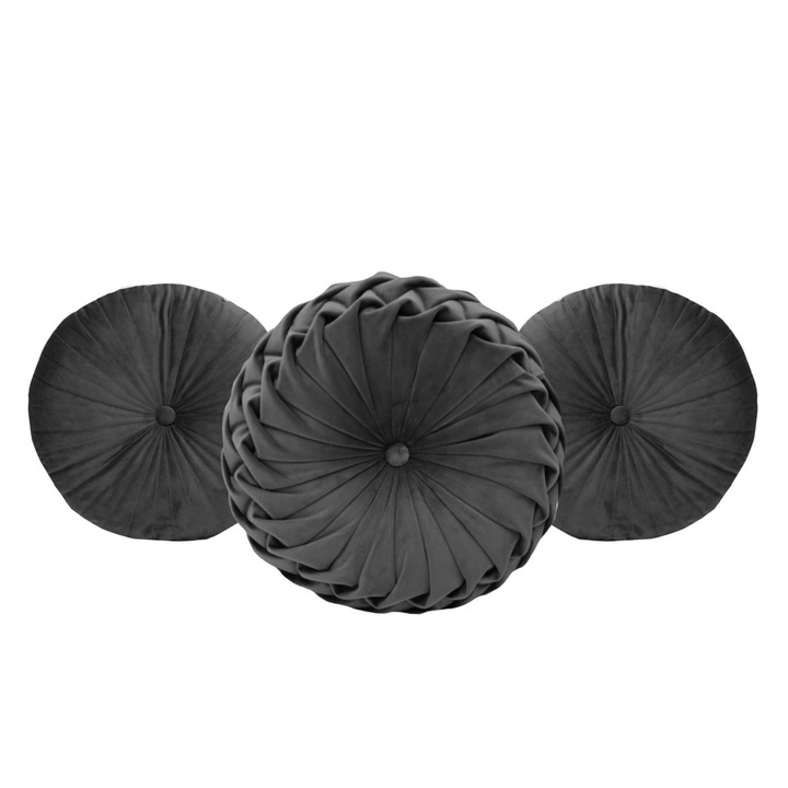 Комплект от 3 декоративни възглавници пуфет от тъмно сиво кадифе - една ръчно ушита и две кръгли възглавници с декоративни детайли