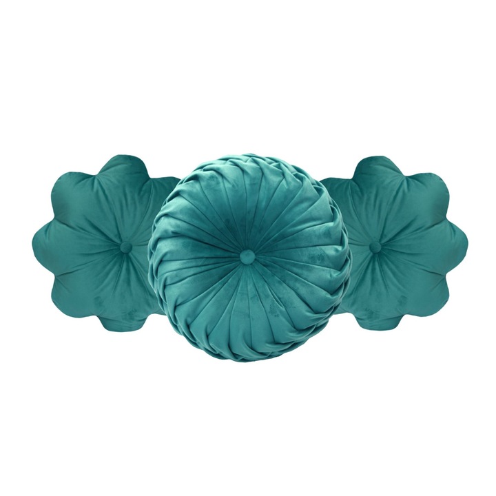 Комплект от 3 декоративни възглавници Puffet от тюркоазено кадифе - една ръчно ушита възглавница и две с цветя с декоративни детайли