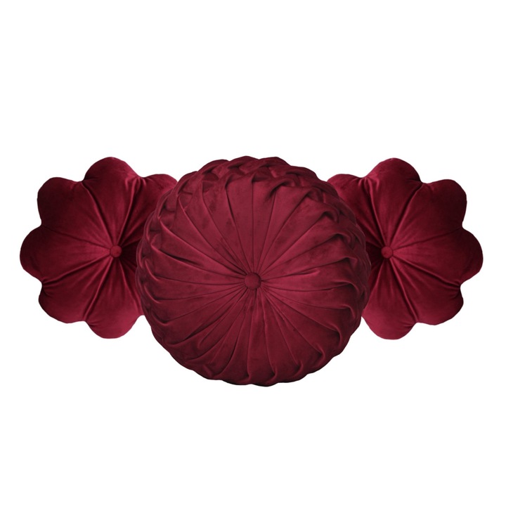 Set de 3 Perne Decorative Puffet din Catifea Visinie – O Perna Cusuta Manual si Doua Floare cu Detalii Ornamentale