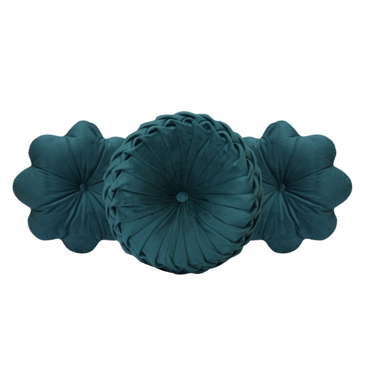 Комплект от 3 декоративни възглавници пуфет от тъмнозелено кадифе - една ръчно ушита възглавница и две цветя с декоративни детайли