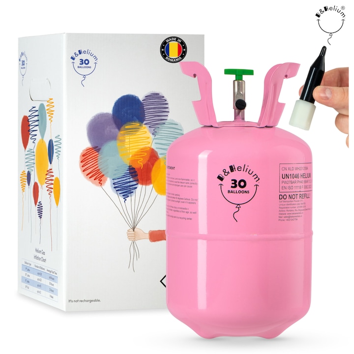 B&Helium – Butelie heliu roz pentru 30 baloane de 23 cm | Heliu premium pentru plutire indelungata | Supapa inclusa | Ideala pentru decoratiuni la petreceri, aniversari, nunti si evenimente