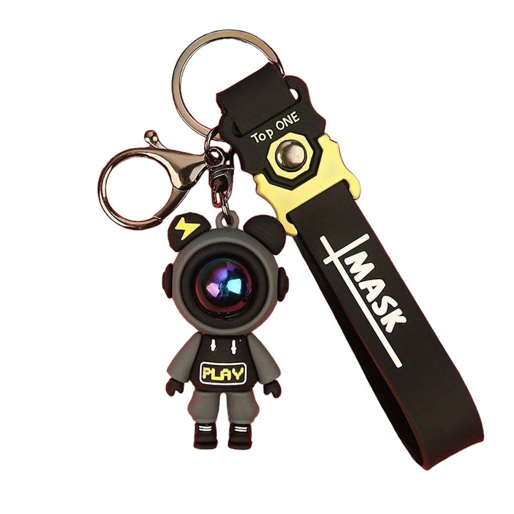 Breloc, model cu omulet simpatic tip cosmonaut, accesoriu decorativ asortat, prindere cu inel si carlig, tematica space man, unisex, negru, EFAYN