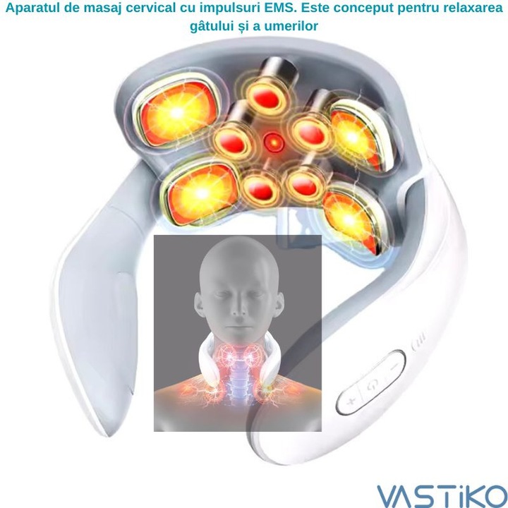 Aparat de Masaj Cervical Inteligent VASTiKO, Terapie prin Infrarosu, pentru Gat si Umar, 42°C, cu Control Inteligent si Senzor NTC, 9 Moduri de Ajustare, 6 Tipuri de Masaj, Instructiuni Vocale - Ideal pentru Relaxare si Fizioterapie la Domiciliu