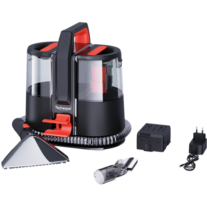 Прахосмукачка за текстил Techwood TAN-8005R, 185W, Li-Ion 220 mAh, Безжична употреба, Резервоар за чиста и отпадъчна вода, 40 мин автономия, 2 скорости, Черен/червен