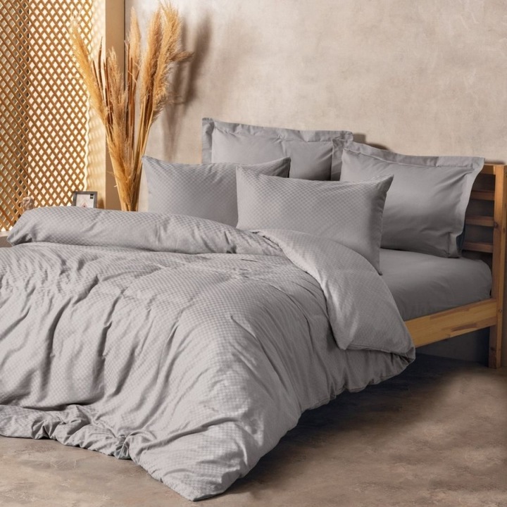 Jacquard dupla ágynemű, 100% ranforce pamut, 240 x 260 cm, 4 db, pamut doboz, szürke kockás