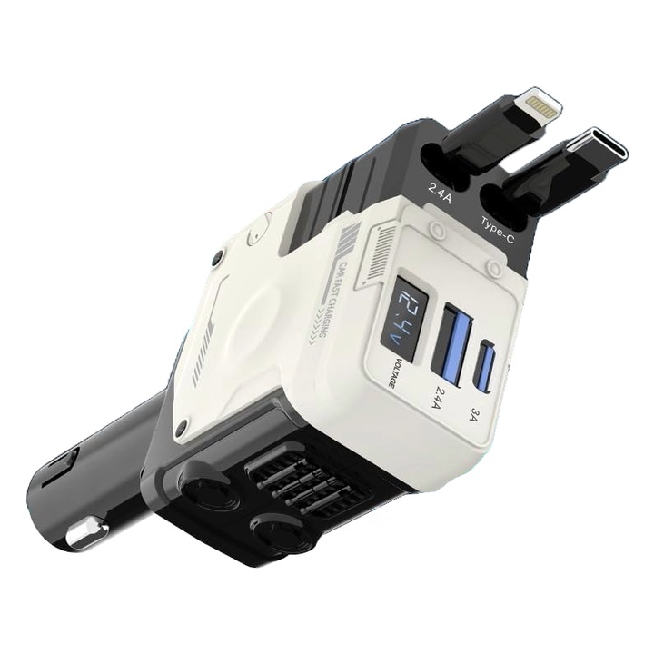 4 az 1-ben Autós töltő 2 visszahúzható kábellel 80 cm USB-C és iOS, USB-C és USB-A port, 180°-os elforgatás, LED kijelző, kompatibilis Apple és Android rendszerrel