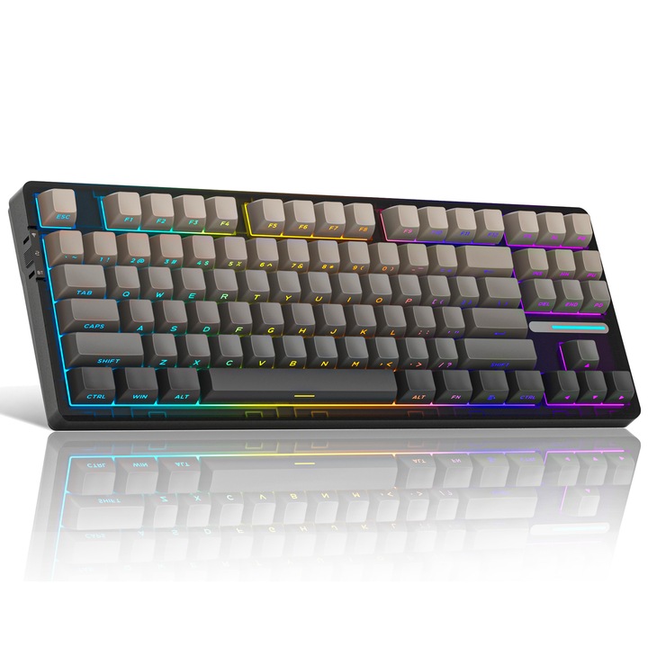 Механична клавиатура Timebox Gaming, безжична, безшумна, 80% оформление, RGB светлини, 87 PBT клавиша, Bluetooth, 2.4G, Type-C кабел, структура на уплътнението, превключвател Blue Whale, преносима, гореща смяна, съвместима с Windows, Mac