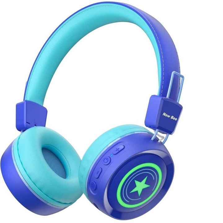 Casti NewBee Electronics Cartoon pentru copii, Wireless-Bluethooth si conexiune cu cablu 2 in 1, Baterie 400mAh, stickere incluse