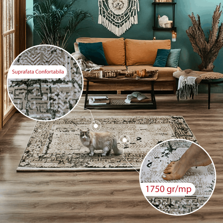 Covor Viridi Harmonia, Living/Dormitor, Verde, crem, auriu, Incalzire in pardoseala, Fir Scurt 8 mm, Dimensiuni 125x200 cm, 1750 g/m², BravaCasa
