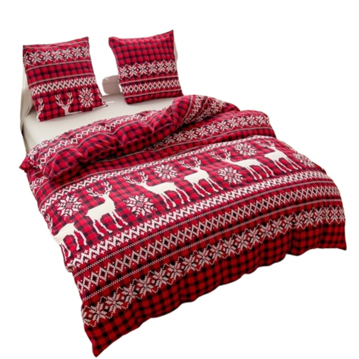 Karácsonyi ágynemű 200x220 kétoldalas szatén pamut GierekHoff vastag 3 részes GH 3035 rénszarvas piros alapon