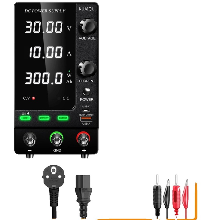 Sursa de alimentare DC, 30V 10A, port USB, reglare precisa a tensiunii si curentului, protectii multiple
