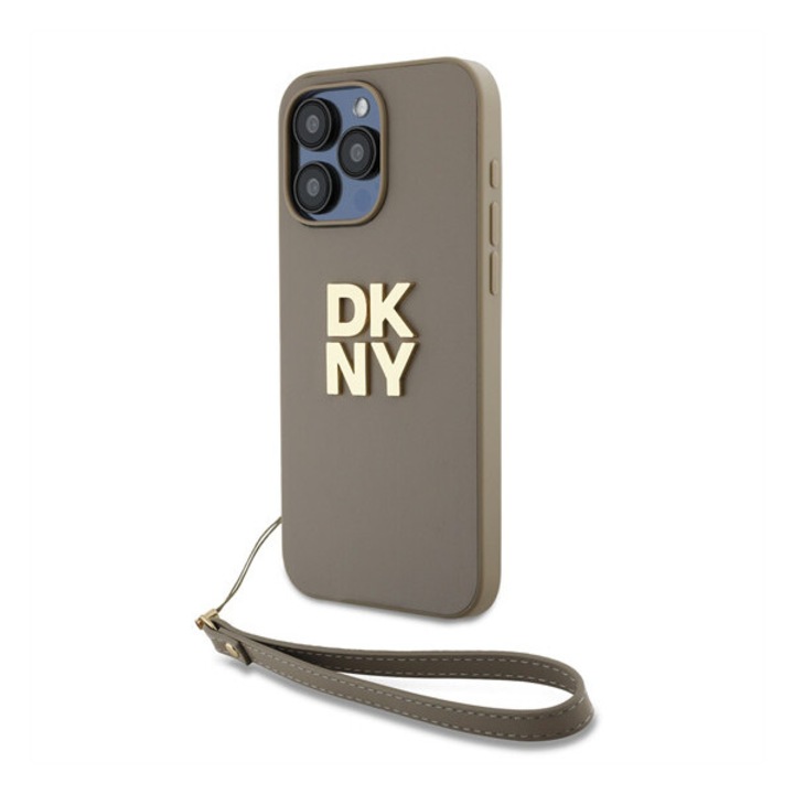 DKNY PU Leather Stack Logo Apple iPhone 15 Pro Max kompatibilis hátlap tok csuklópánttal, bézs