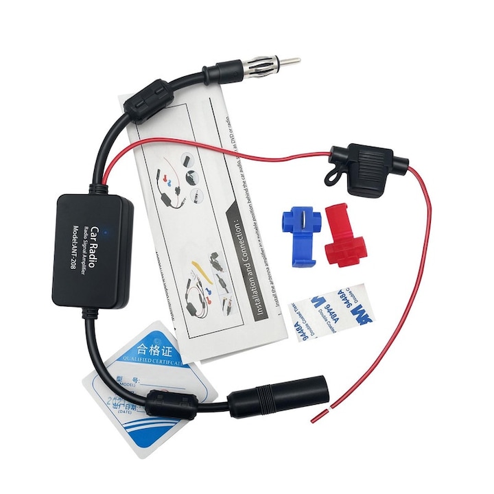 FM AM радио антена усилвател на сигнала, Basesailor, 12V, черно/червено, медни кабели