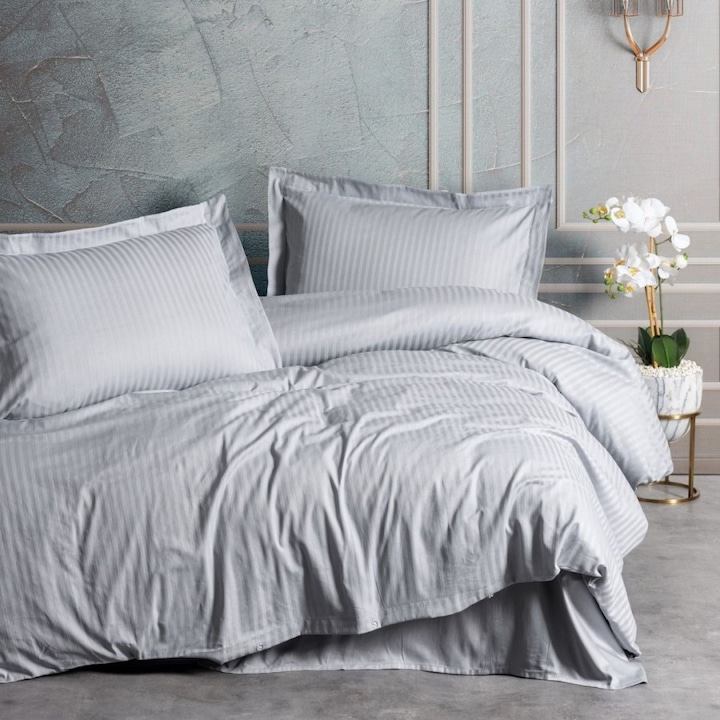 Lenjerie de pat dublu, premium satin de lux, 240 x 260 cm, 4 piese, Cotton Box, Stripe Gri