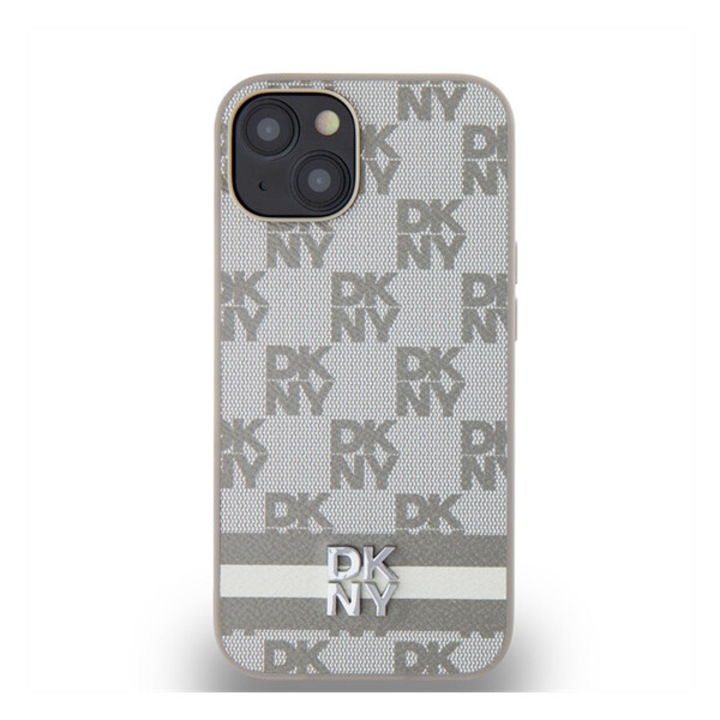 DKNY PU Leather Checkered Pattern and Stripe tok iPhone 15 készülékhez bézs