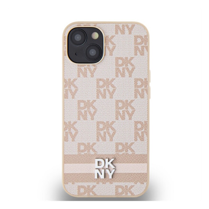 DKNY PU Leather Checkered Pattern and Stripe Apple iPhone 13 kompatibilis hátlap tok, rózsaszín