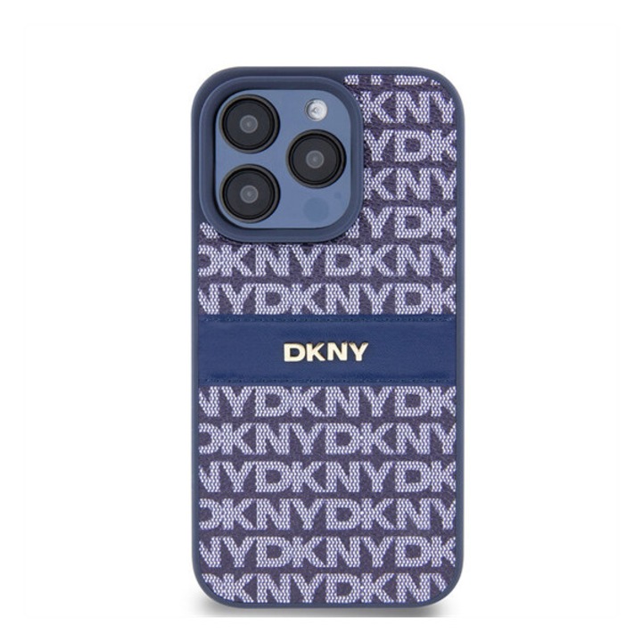 DKNY PU Leather Repeat Pattern Tonal Stripe tok iPhone 15 Pro készülékhez kék