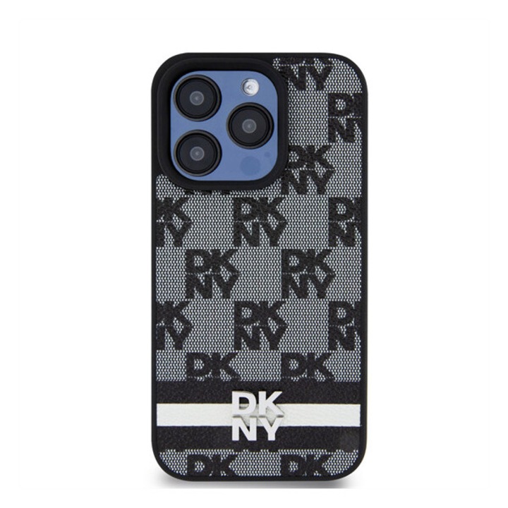 DKNY PU Leather Checkered Pattern and Stripe tok iPhone 13 Pro Max készülékhez fekete