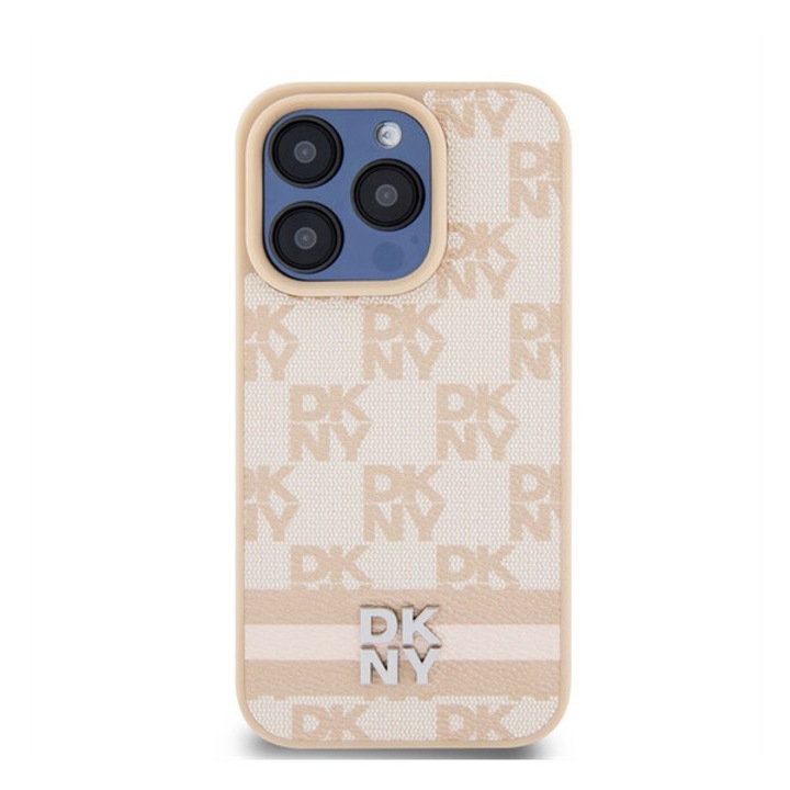 Husa din piele PU DKNY cu model in carouri si dungi, compatibila cu iPhone 13 Pro, roz