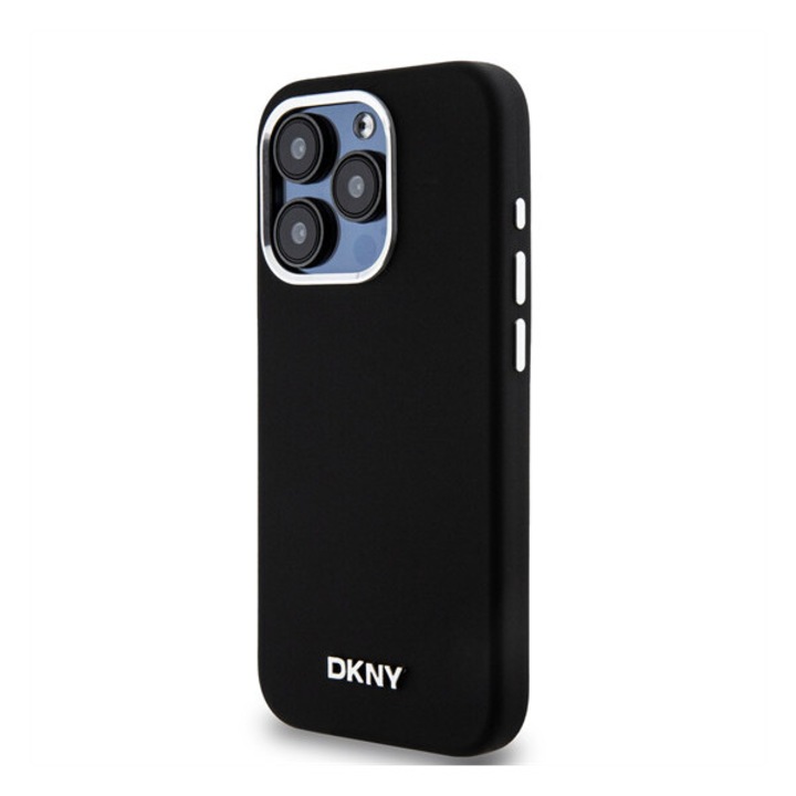DKNY Liquid Silicone Silver Metal Logo MagSafe tok iPhone 15 Pro készülékhez fekete