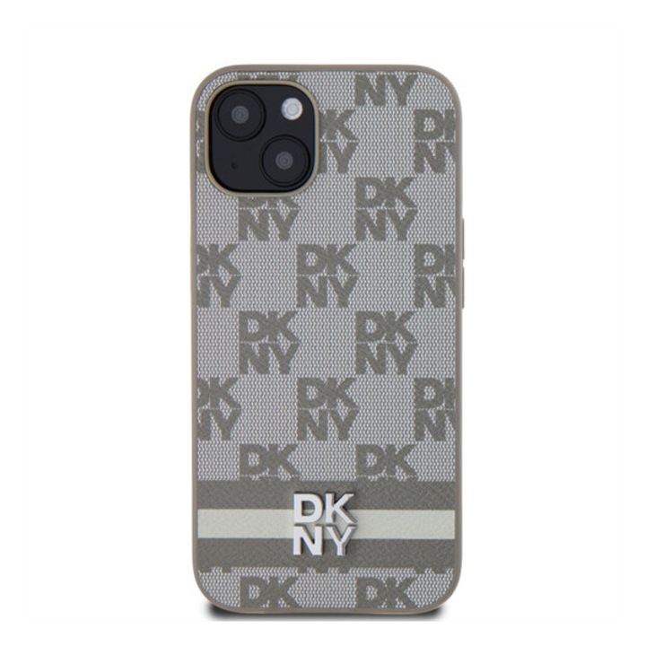 DKNY PU Leather Checkered Pattern and Stripe tok az iPhone 13 készülékhez bézs