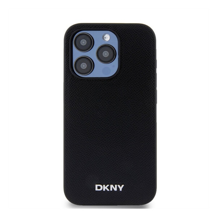 DKNY PU Leather Silver Metal Logo Apple iPhone 15 Pro kompatibilis Magsafe tok, fekete