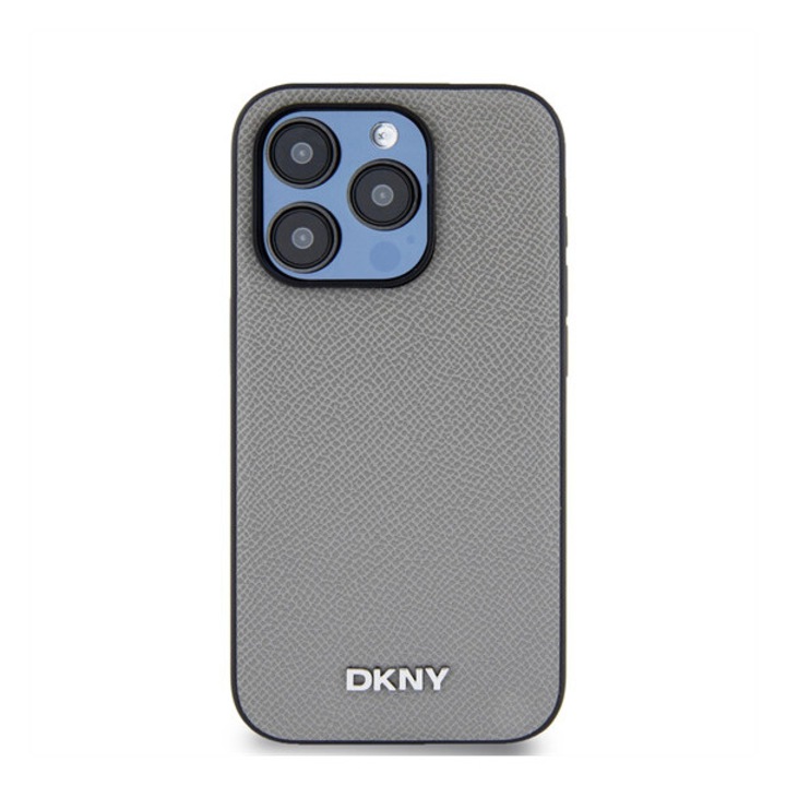 DKNY PU Leather Silver Metal Logo Magsafe tok iPhone 15 Pro készülékhez szürke