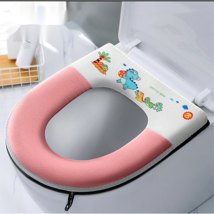 Husa pentru capac wc, 43..5x37cm,, mic dinozaur, roz inchis, 0147