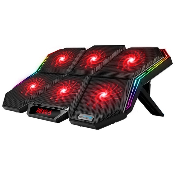 Cooler laptop gaming, 6 ventilatoare, iluminare RGB, 2 x USB port, reglare inaltimie, reglare viteza ventilatoare, negru
