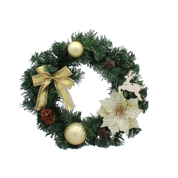 Coronita pentru Craciun 30 cm, Globuri, Fundite, Flori, Aurii