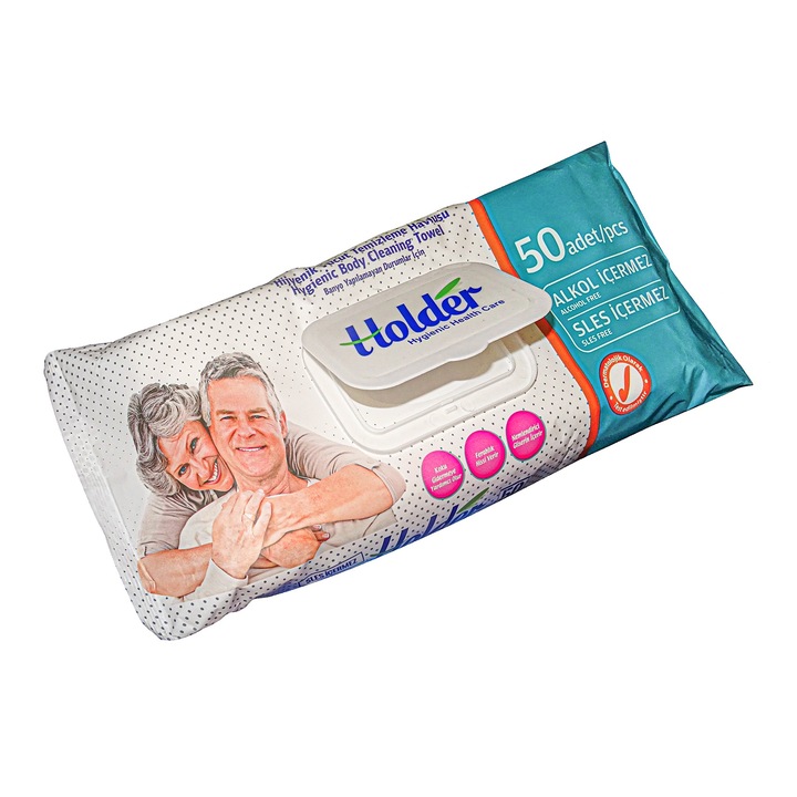 Servetele umede adulti Holder, 50 buc, cu glicerina hidratanta, inchidere cu capac