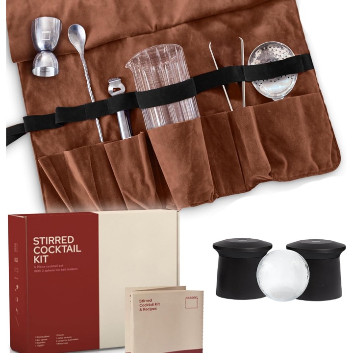 Koktél készítő ajándékkészlet, 8 üveg és rozsdamentes acél kiegészítők, Barna