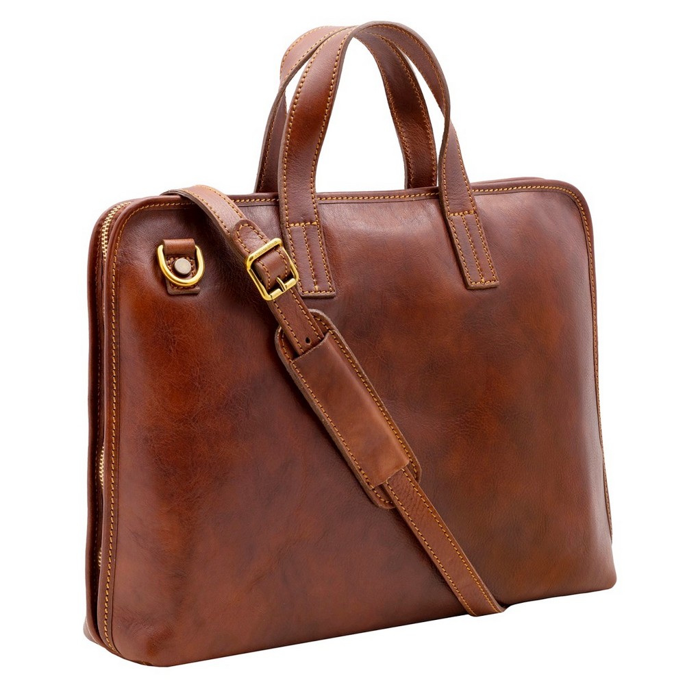 Geanta portlaptop din piele naturala vachetta, coniac, SL4453A