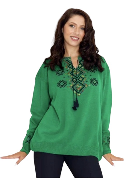 Bluza dama tricotata, stil ie, StarFashion, pentru iarna, model traditional, Verde, 3XL