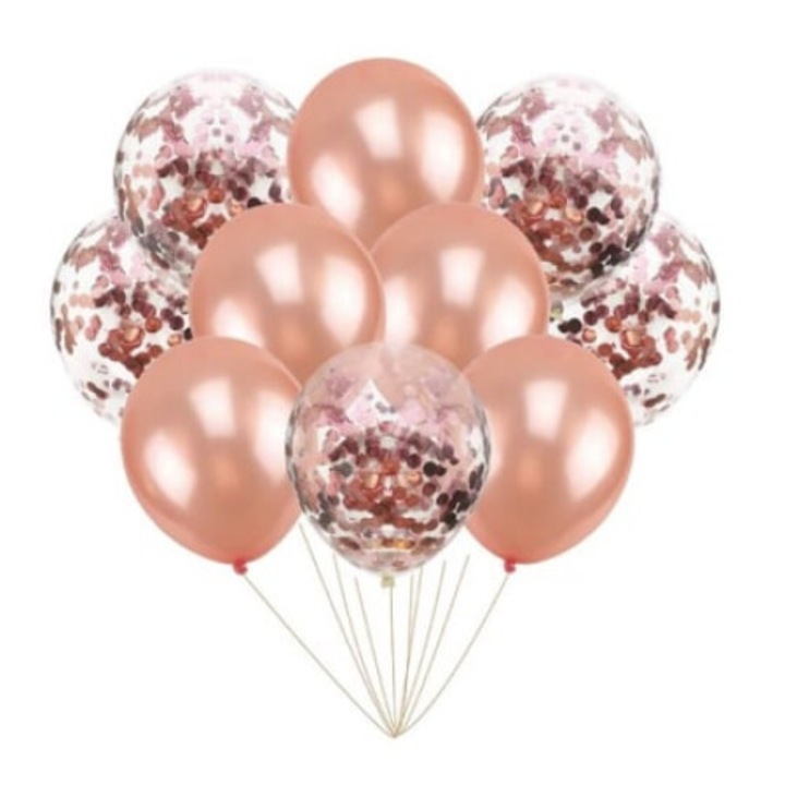 Set 10 baloane cu confetti rose gold Macvi® pentru petreceri si evenimente