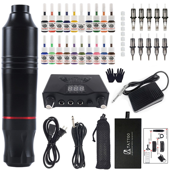 Set echipament tatuaje Rqiurpn, masina rotativa, 10V, 10.000 rpm, negru, accesorii complete, Aliaj aluminiu, 20 Culori, 5 ml, Negru