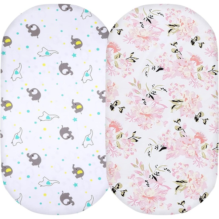 Set de 2 cearsafuri plate cu elastic Bimocosy pentru patut de bebelus, protectie pentru saltea, 81 x 41 cm, Oeko-Tex 100