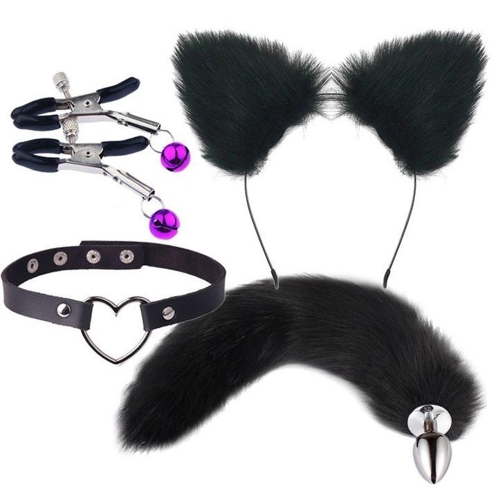 Set 4 accesorii BDSM, blana metalica/artificiala, coada si urechi de vulpe, colier, negru