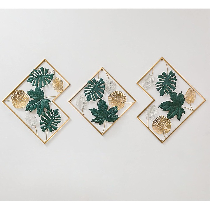 Set 3 decoratiuni metalice de perete, Metal, Verde, Auriu