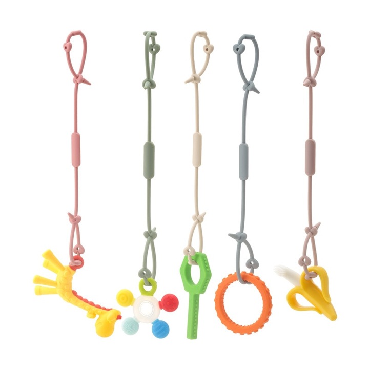 Set de 5 curele anti-pierdere pentru jucarii, Basesailor, silicon alimentar, non-toxic, multicolor
