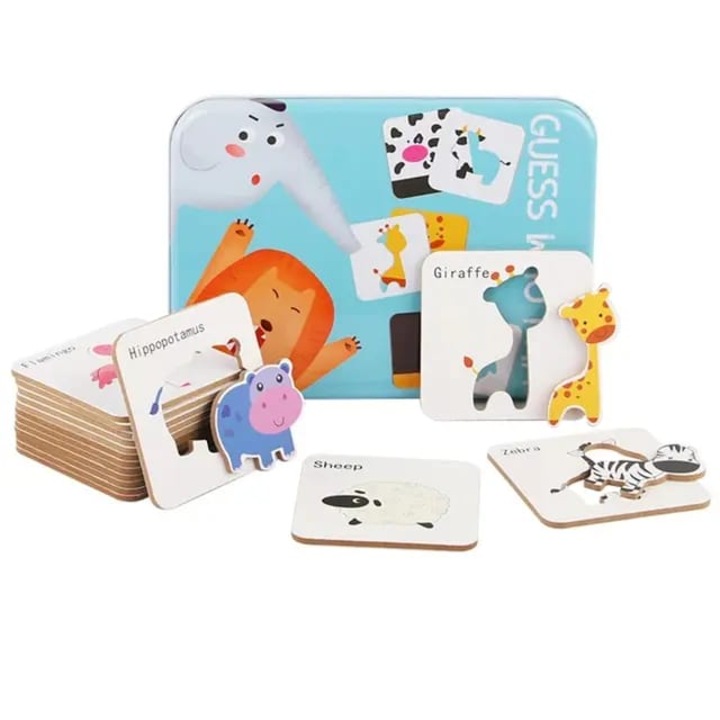 Jucarie educativa si interactiva Montessori pentru copii, Puzzle de asociere in cutie metalica "Guess Who I Am", Animale, 24 piese, 12x2.8x16.8cm, 3 ani+, Albastru