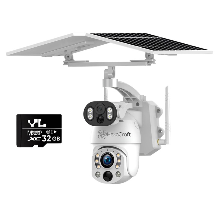 Camera de supraveghere CCTV, HexaEye, doua camere, 10MP 4K ULTRA HD, Zoom 50X, panou solar dublu 9600mAh, doua optiuni de conexiune 4G sau WIFI, Night Vision, Vedere panoramica 360, Detectare AI, Comunicare bidirectionala